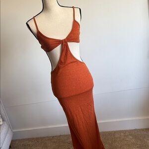 Ribbed Cutout Maxi Dress in Rust Orange